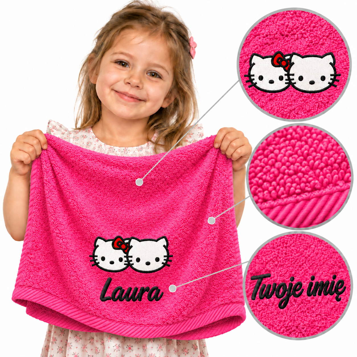 Ręcznik z imieniem i haftem Hello Kitty dla fana fanki kotków